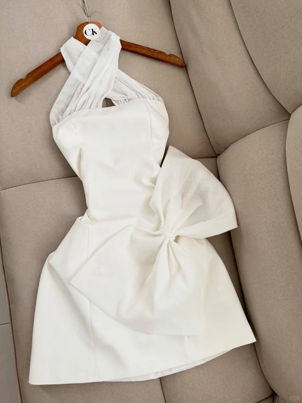 Elegant White Halter A-Line Satin Short Party Dresses with Bow ED03032