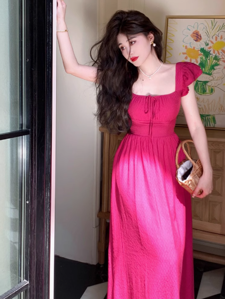 French Retro Red Square Neck Fly Sleeve Dress ED0303