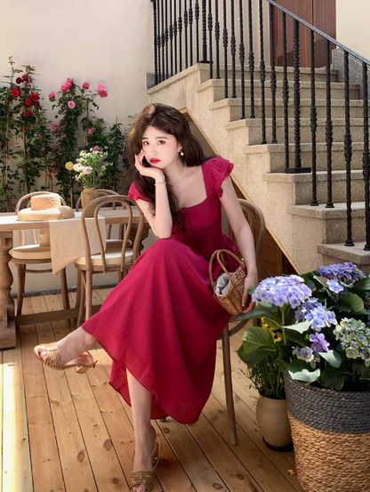 French Retro Red Square Neck Fly Sleeve Dress ED0303