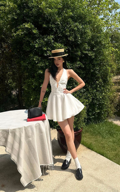 Simple White V-neck A-line Satin Short Birthday Dress Pool Party Dress ED03041