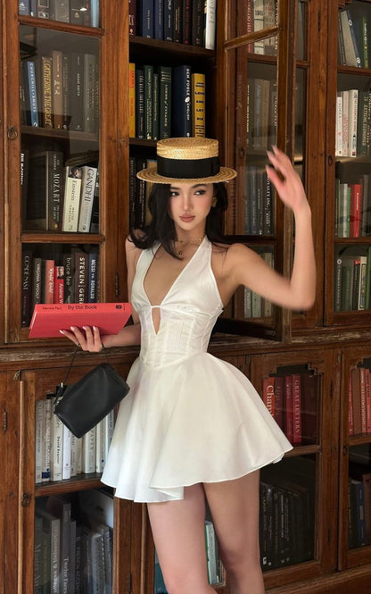 Simple White V-neck A-line Satin Short Birthday Dress Pool Party Dress ED03041