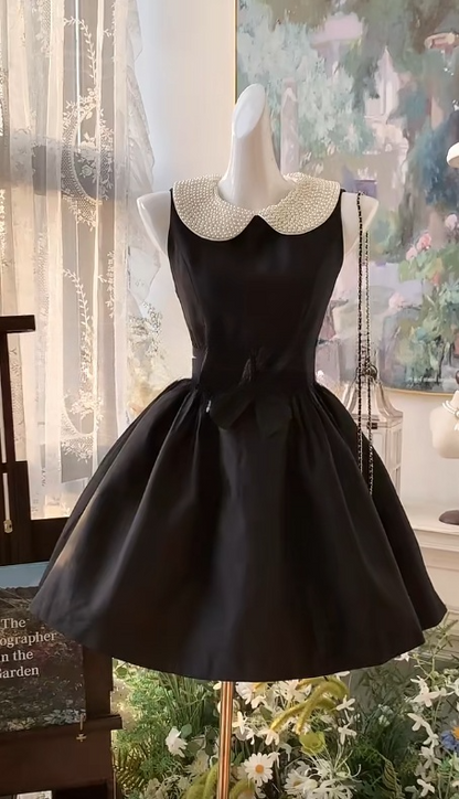 Elegant Black A-line Satin Beading Short Birthday Dress Daily Evening Dress ED03042