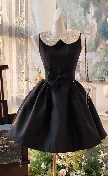 Elegant Black A-line Satin Beading Short Birthday Dress Daily Evening Dress ED03042
