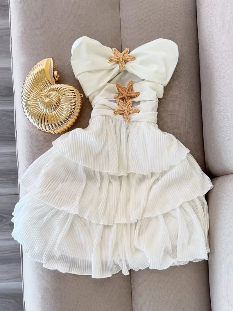 Sweet White Strapless A-Line Chiffon Short Party Dress Birthday Dress with Starfish ED03044