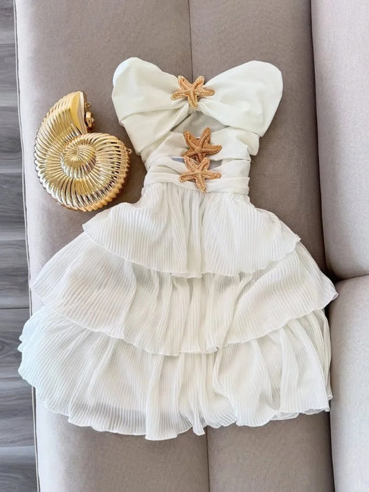 Sweet White Strapless A-Line Chiffon Short Party Dress Birthday Dress with Starfish ED03044