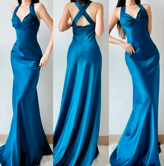 Classic Blue Halter Mermaid Evening Gowns Elegant Satin Long Prom Dresses ED03046