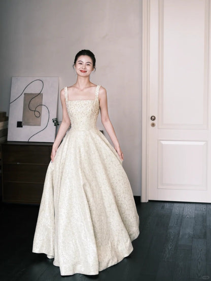 Elegant Square Neck A-Line Beaded Long Prom Dresses Sweet Birthday Evening Gowns ED03047