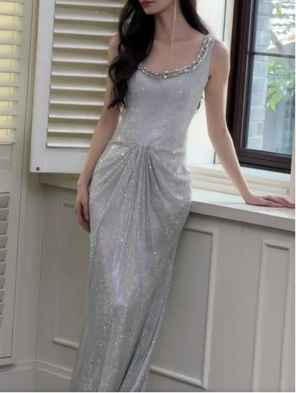 Gorgeous Silver Boat Neck Mermaid Glitter Satin Long Prom Dresses Formal Evening Gowns ED03048
