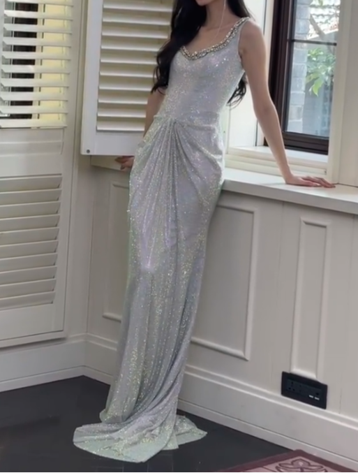 Gorgeous Silver Boat Neck Mermaid Glitter Satin Long Prom Dresses Formal Evening Gowns ED03048