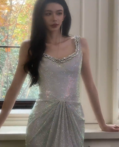 Gorgeous Silver Boat Neck Mermaid Glitter Satin Long Prom Dresses Formal Evening Gowns ED03048