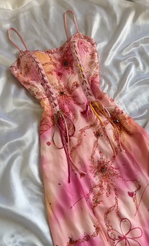 Stunning Spaghetti Straps Sheath Beaded Chiffon Long Prom Dresses Vintage Evening Gowns ED03050