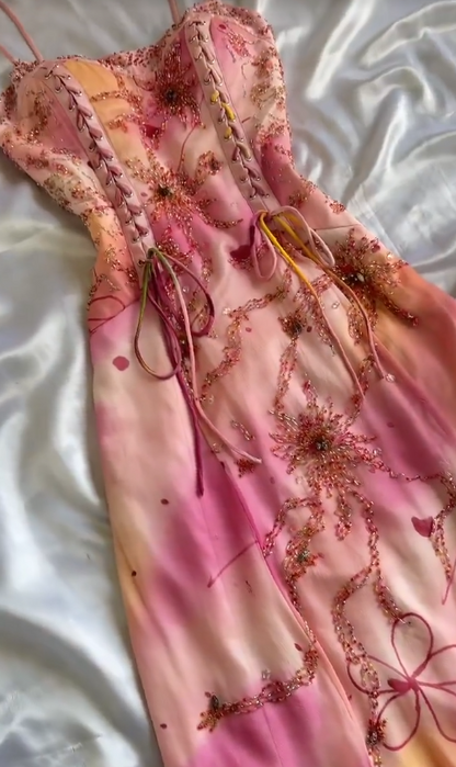 Stunning Spaghetti Straps Sheath Beaded Chiffon Long Prom Dresses Vintage Evening Gowns ED03050