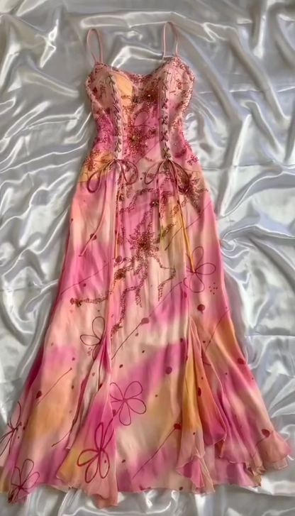 Stunning Spaghetti Straps Sheath Beaded Chiffon Long Prom Dresses Vintage Evening Gowns ED03050