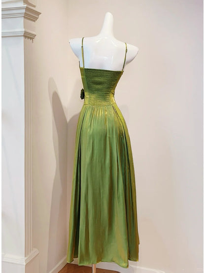 Sweet Green Spaghetti Straps A-Line Satin Long Prom Dresses Birthday Evening Gowns ED03051
