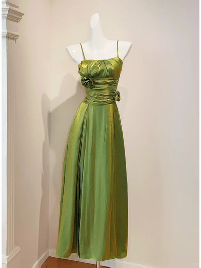 Sweet Green Spaghetti Straps A-Line Satin Long Prom Dresses Birthday Evening Gowns ED03051