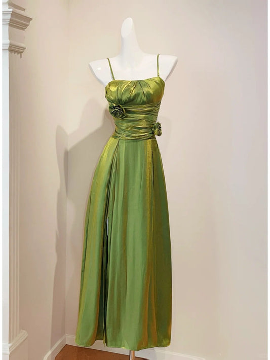 Sweet Green Spaghetti Straps A-Line Satin Long Prom Dresses Birthday Evening Gowns ED03051