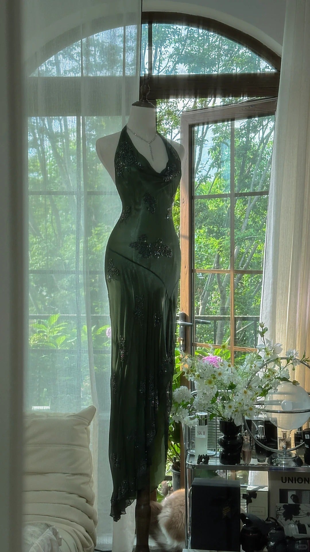 Vintage Green Halter Sheath Beaded Chiffon Long Prom Dresses Elegant Evening Gowns ED03052