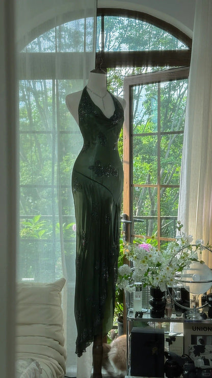 Vintage Green Halter Sheath Beaded Chiffon Long Prom Dresses Elegant Evening Gowns ED03052