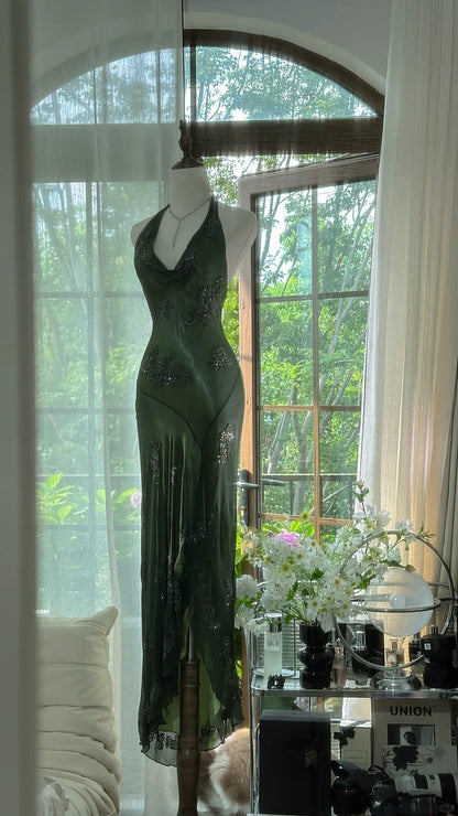 Vintage Green Halter Sheath Beaded Chiffon Long Prom Dresses Elegant Evening Gowns ED03052