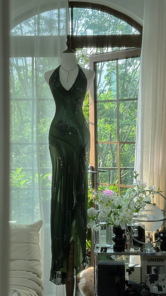 Vintage Green Halter Sheath Beaded Chiffon Long Prom Dresses Elegant Evening Gowns ED03052