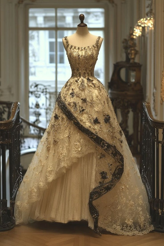 Gorgeous Spaghetti Straps A-Line Tulle Lace Beading Long Prom Dresses Solemn Wedding Dresses ED03055