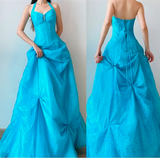 Vintage Blue Halter Neck A-Line Tulle Long Prom Dresses Sweet 20 Evening Gowns ED03059