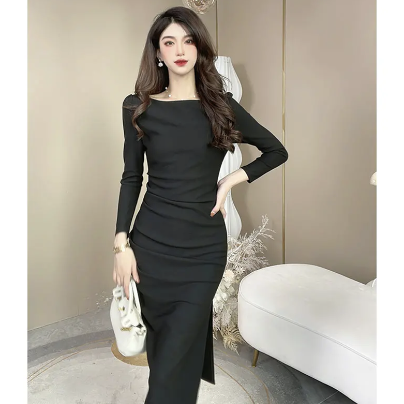 French Hepburn style white long-sleeved one-shoulder dress ED0305