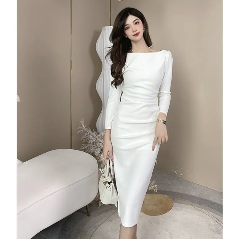 French Hepburn style white long-sleeved one-shoulder dress ED0305