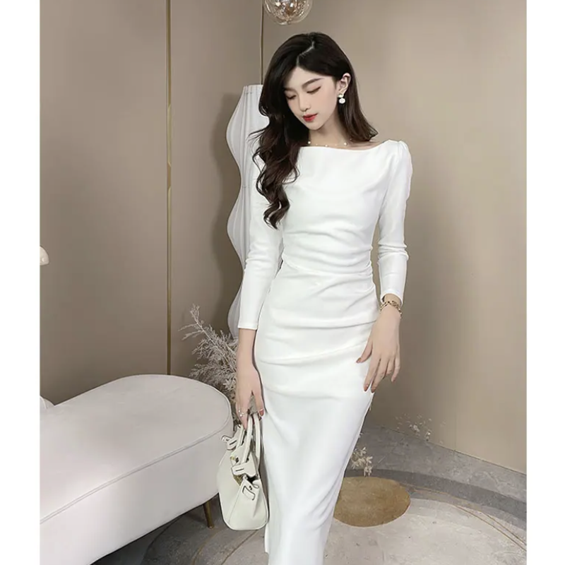 French Hepburn style white long-sleeved one-shoulder dress ED0305