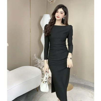 French Hepburn style white long-sleeved one-shoulder dress ED0305