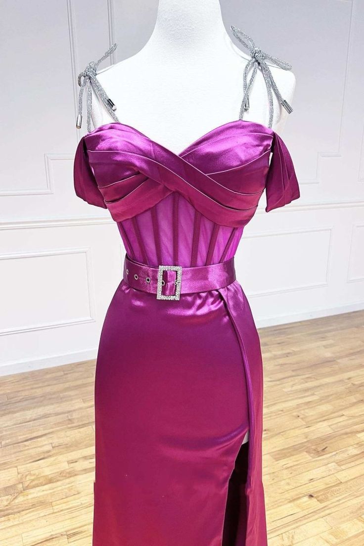 Elegant Fuchsia Spaghetti Straps Satin Formal Evening Dress with Slits ED03060