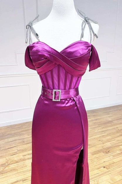 Elegant Fuchsia Spaghetti Straps Satin Formal Evening Dress with Slits ED03060