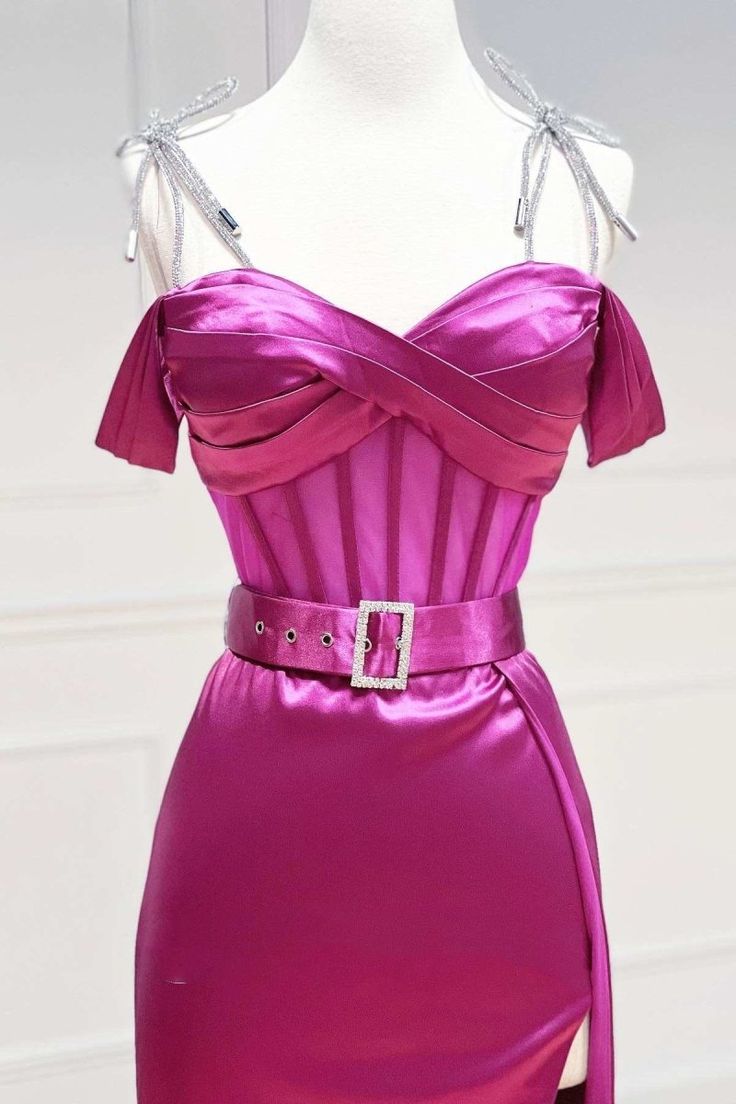 Elegant Fuchsia Spaghetti Straps Satin Formal Evening Dress with Slits ED03060