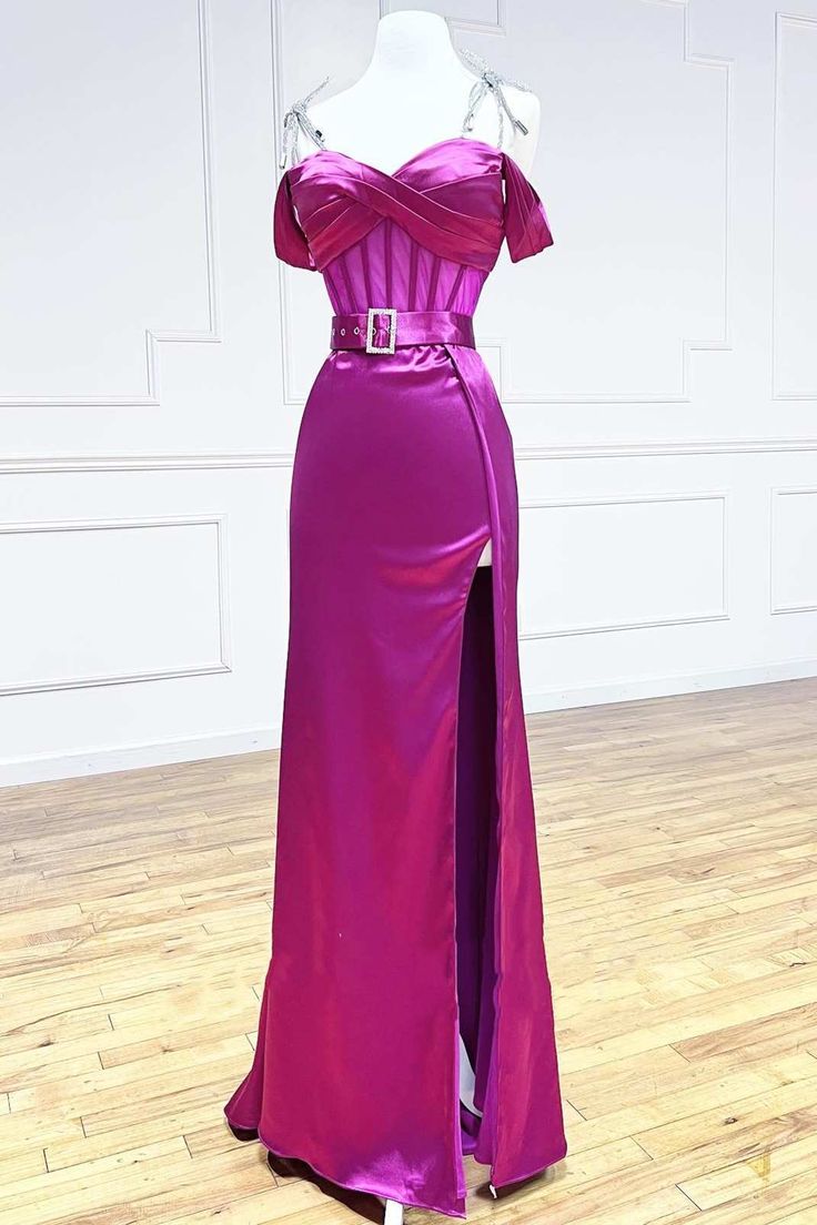 Elegant Fuchsia Spaghetti Straps Satin Formal Evening Dress with Slits ED03060