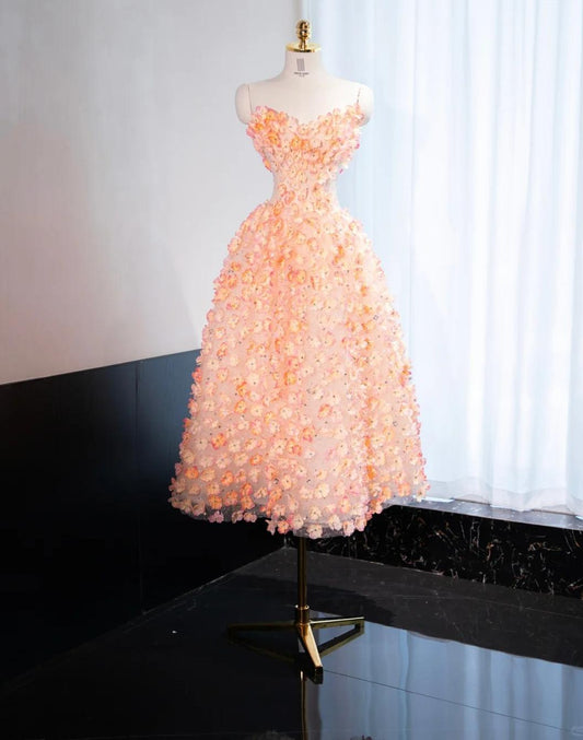 Orange Sweetheart A-Line Tulle Stunning Prom Dresses with 3D Appliques Sweet 16 Dress ED03061