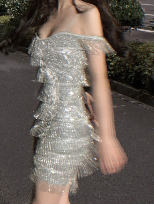 Glitter Silver Spaghetti Strap Sheath Short Beaded Fashion Party Dress ED03065