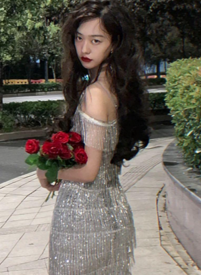 Glitter Silver Spaghetti Strap Sheath Short Beaded Fashion Party Dress ED03065