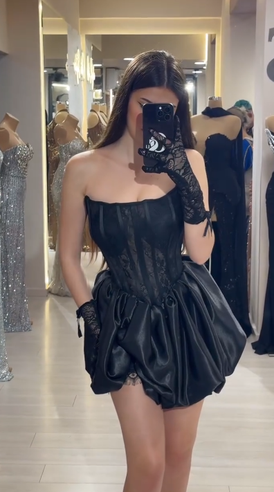 Elegant Black Strapless A-Line Satin Lace Short Evening Dress Fashion Birthday Party Dress ED03066