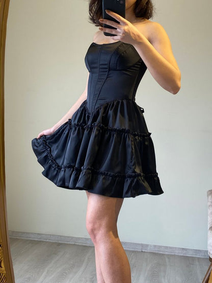 Elegant Black Strapless Bodycon A-Line Satin Short Party Dress Fashionable Homecoming Dress ED03070