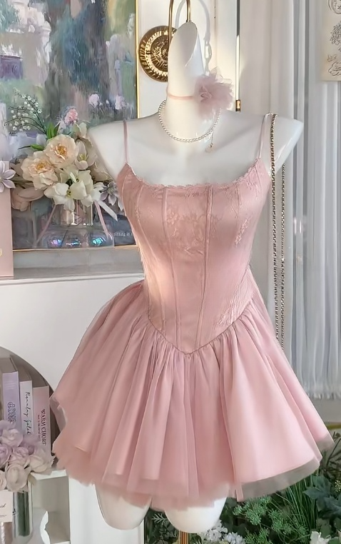 Cute Pink Spaghetti Straps A-Line Tulle Satin Short Sweet 16 Dresses Birthday Party Dress ED03072
