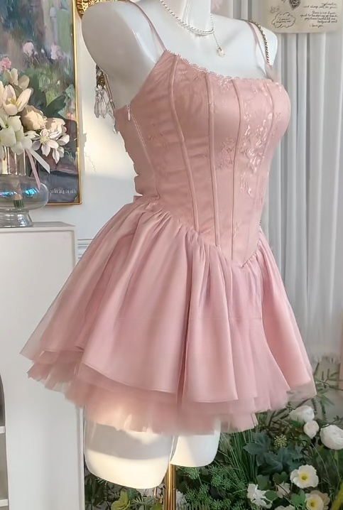 Cute Pink Spaghetti Straps A-Line Tulle Satin Short Sweet 16 Dresses Birthday Party Dress ED03072