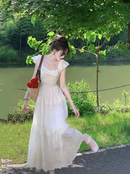 A-line heavy embroidery small flying sleeves square neck long dress cake skirt ED0307