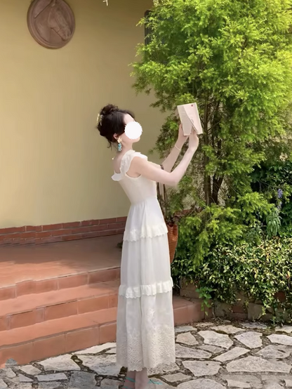 A-line heavy embroidery small flying sleeves square neck long dress cake skirt ED0307