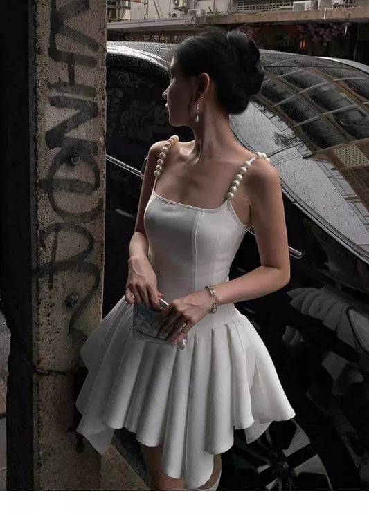 Sweet White Square Neck A-Line Satin Short Birthday Dress Cocktail Party Dress ED03081