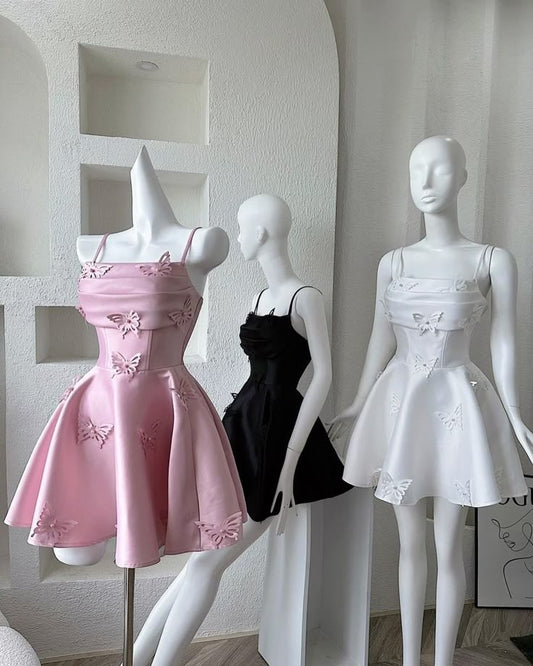 Cute Spaghetti Straps Pink A-Line Satin Short Evening Dress with 3D Butterflies ED03085