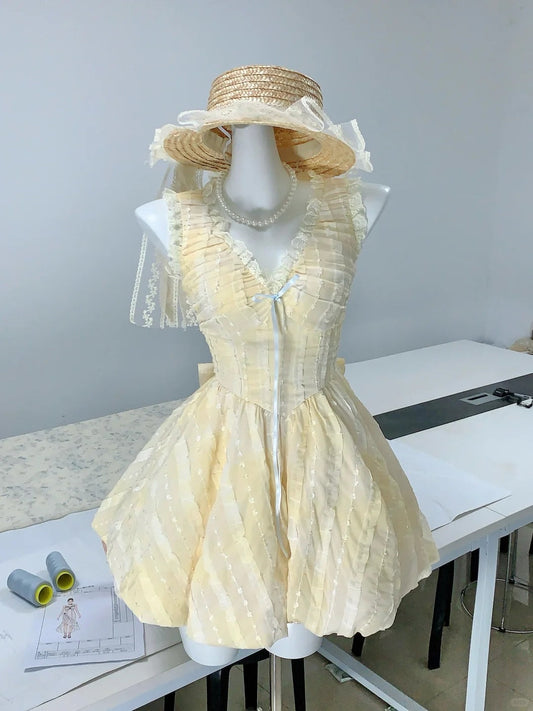 Sweet Yellow A-Line V-Neck Lace Tulle Short Party Dress Birthday Dress ED03087