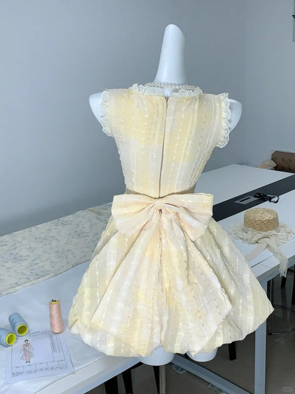 Sweet Yellow A-Line V-Neck Lace Tulle Short Party Dress Birthday Dress ED03087