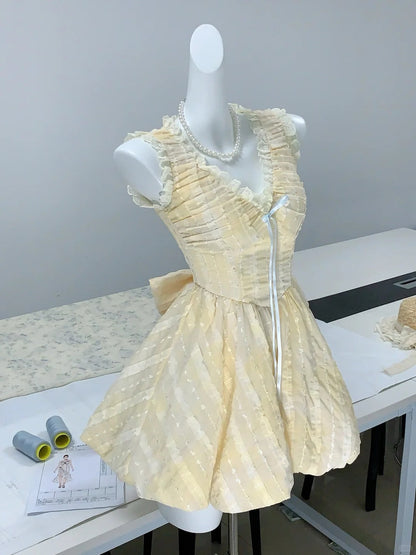 Sweet Yellow A-Line V-Neck Lace Tulle Short Party Dress Birthday Dress ED03087