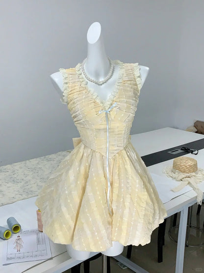 Sweet Yellow A-Line V-Neck Lace Tulle Short Party Dress Birthday Dress ED03087