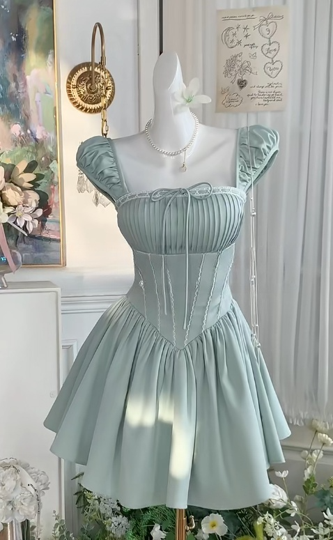 Elegant Mint Green Square Neck A-Line Satin Pleated Short Birthday Evening Dress Party Dress ED03089